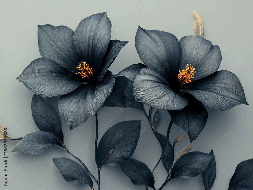 Fototapeta premium grey flowers with orange stamens, set against a white background. The flowers are intricately detailed with delicate petals and a soft, ethereal quality.