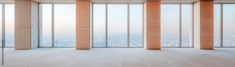 Fototapeta premium A spacious, modern interior with large windows offering a panoramic city view, showcasing minimalistic design and natural light.