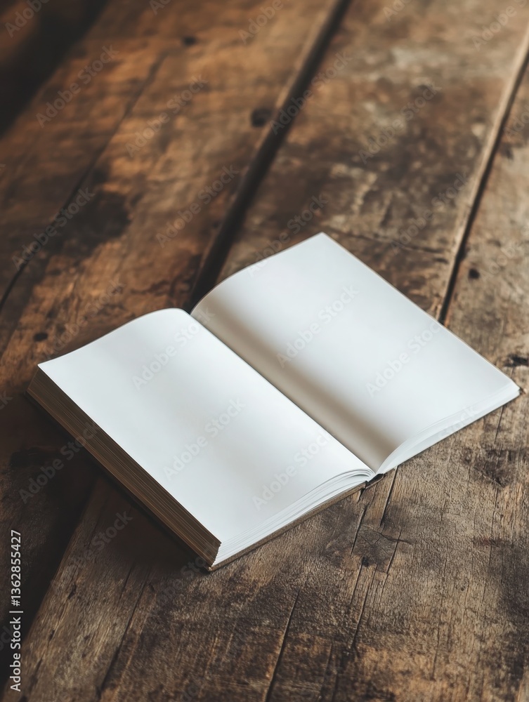 Fototapeta premium Open magazine mockup, angled view of an open magazine with blank pages, placed on a rustic wooden table, warm ambient lighting highlighting realistic paper textures and folds