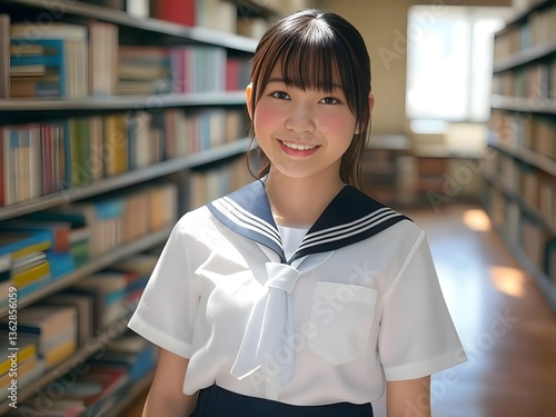 A high school female student, standing in a library. 