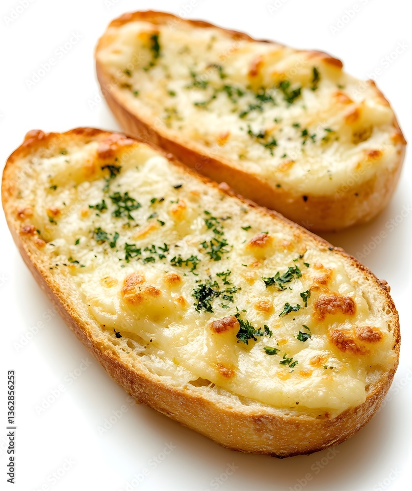 Two pieces of baked bread topped with melted cheese and herbs