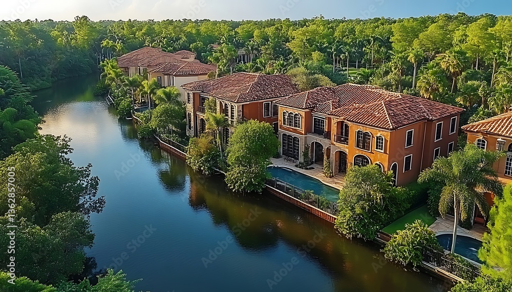 Fototapeta premium Luxury Waterfront Homes with Sunrise.