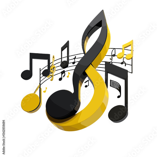 Vibrant musical design featuring a yellow treble clef and black notes in a dynamic arrangement