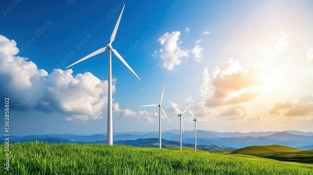 Renewable energy energy grid policy future Wind turbines in a green field under a blue sky with clouds. Renewable energy energy grid policy future Wind turbines in a green field under a blue sky with clouds.