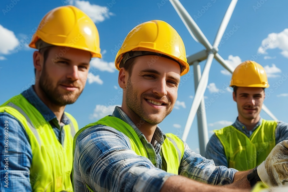 Renewable energy energy grid policy future Three smiling workers in hard hats near wind turbines under a clear sky. Renewable energy energy grid policy future Three smiling workers in hard hats near wind turbines under a clear sky.