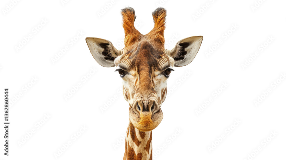 Naklejka premium A Giraffe's Gaze: A captivating portrait of a giraffe, its distinctive patterned coat and gentle eyes draw the viewer in, creating a sense of connection with this magnificent creature.