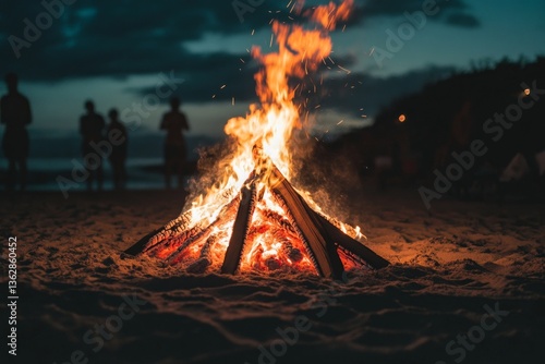 bonfire on the beach at night with light