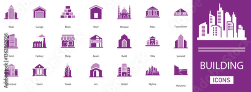 Building vector icon set. with  hotel, villa, shop, Build, Arc, factory and more filled icons. Solid illustration  