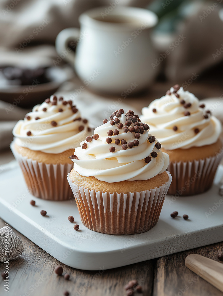 Three cupcakes with frosting and chocolate sprinkles Three cupcakes with frosting and chocolate sprinkles