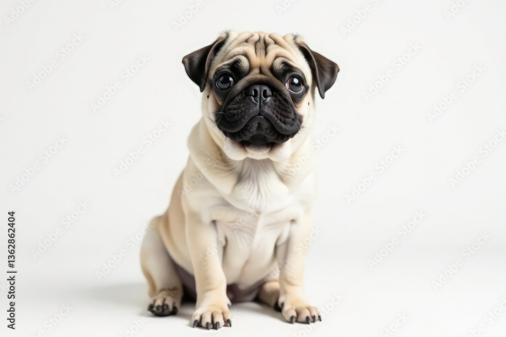 Obraz premium Adorable pug dog sits alone against white background, cute, wrinkles, dog