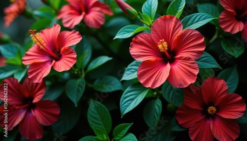 Wallpaper Mural Bold hibiscus flowers, lush green leaves, dense floral arrangement , texture, wallpaper Torontodigital.ca