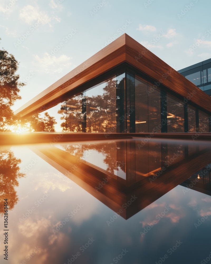 Fototapeta premium Minimalist Architectural Reflection Golden Hour Illuminating Sustainable Design with Warm Wood and Glass - Modern Workspace Innovation and Tranquil Professional Aesthetics