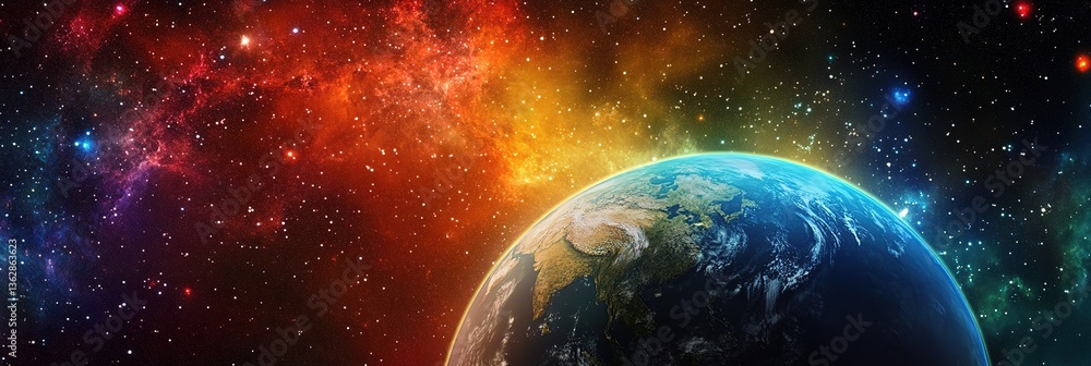 Obraz premium Earth View from Space with Bright City Lights and Starry Background, Wide Background