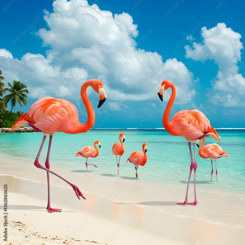 Obraz premium A playful flamingo basking in the sunshine, spreading tropical joy with its vivid pink plumage and graceful stance in a warm, sunny paradise.
