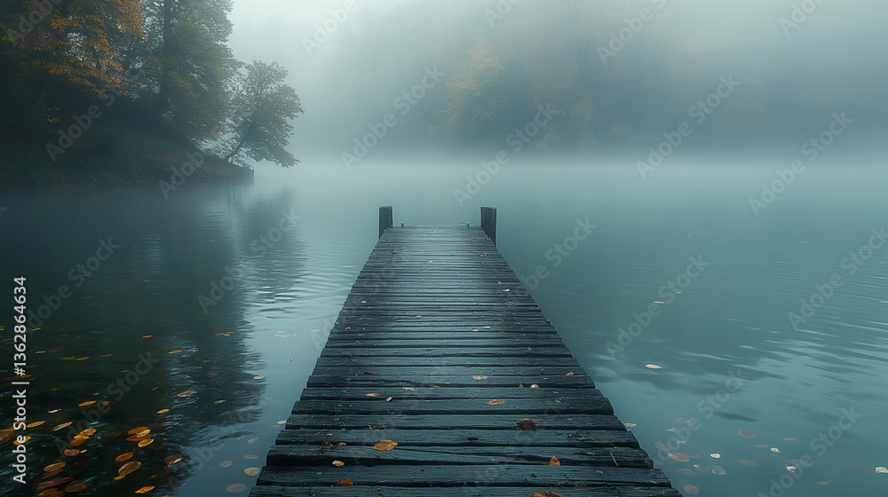 Serene morning on the lake shore with a wooden pier in a foggy autumn landscape. Eco tcrism concept Serene morning on the lake shore with a wooden pier in a foggy autumn landscape. Eco tcrism concept