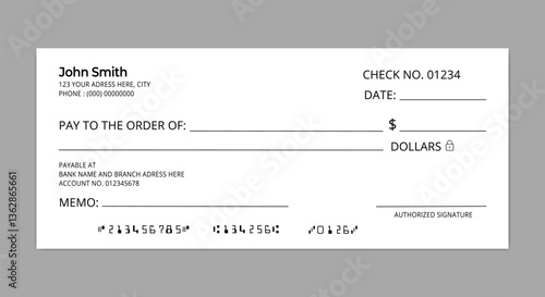 Bank check, vector blank money cheque. Financial transaction check design, Money payment bank check voucher or pay cash cheque certificate, Bank account bill pay check.