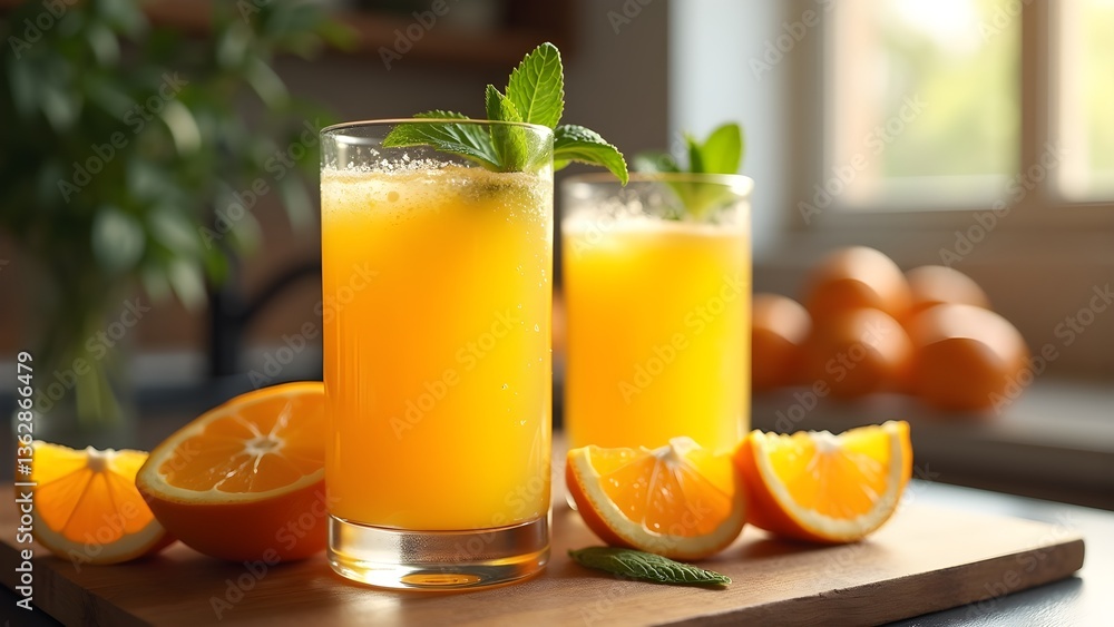Fototapeta premium Fresh orange juice with mint garnish, healthy drink on kitchen counter, close-up, still life