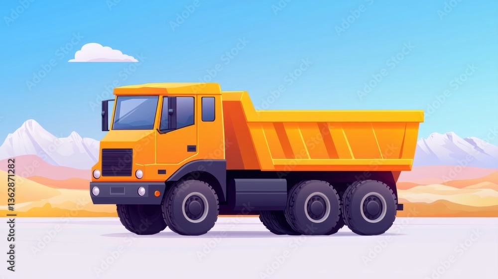 Naklejka premium Construction vehicle action yellow dump truck on a desert road digital illustration bright environment side view