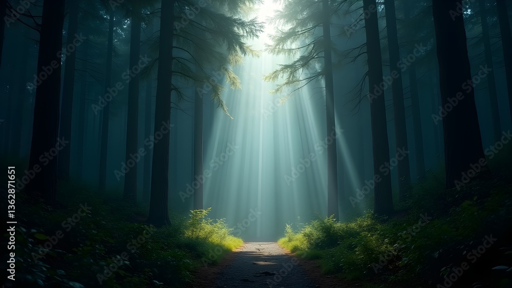 Naklejka premium Sunbeams Through Trees in Forest: A Tranquil Pathway Through Nature's Serene Beauty