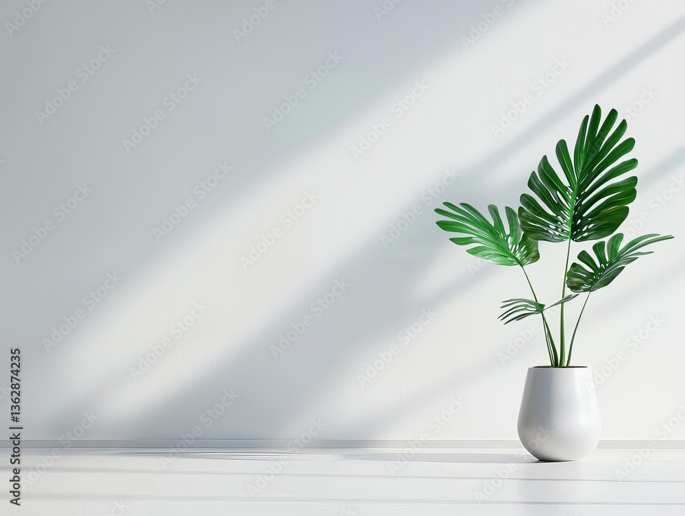 Elegant green plant in a minimalist white pot against a light wall. Elegant green plant in a minimalist white pot against a light wall.