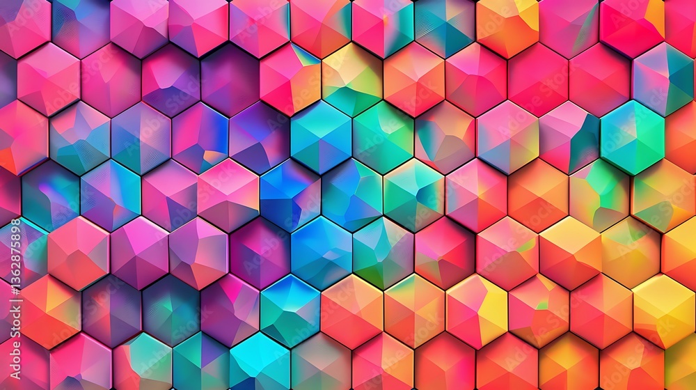 A vibrant pattern of tessellating hexagons in bright, saturated colors, each hexagon containing a unique gradient or texture A vibrant pattern of tessellating hexagons in bright, saturated colors, each hexagon containing a unique gradient or texture