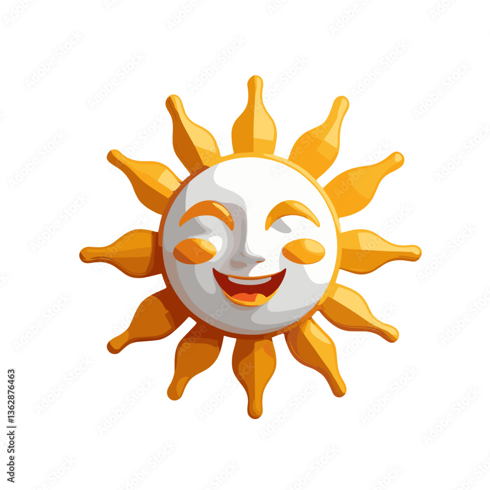 Fototapeta premium Cheerful sun character with a smiling face and radiant rays in a playful design 