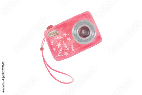 Watercolor illustration of a cute pink digital camera with a strap. Ideal for travel, photography, and creative designs.