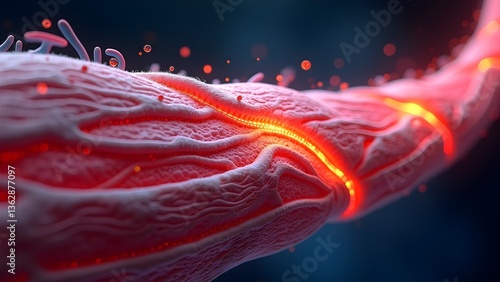 Detailed muscle and nerve fiber illustration with glowing nerve impulse for healthcare, science, and medical concepts