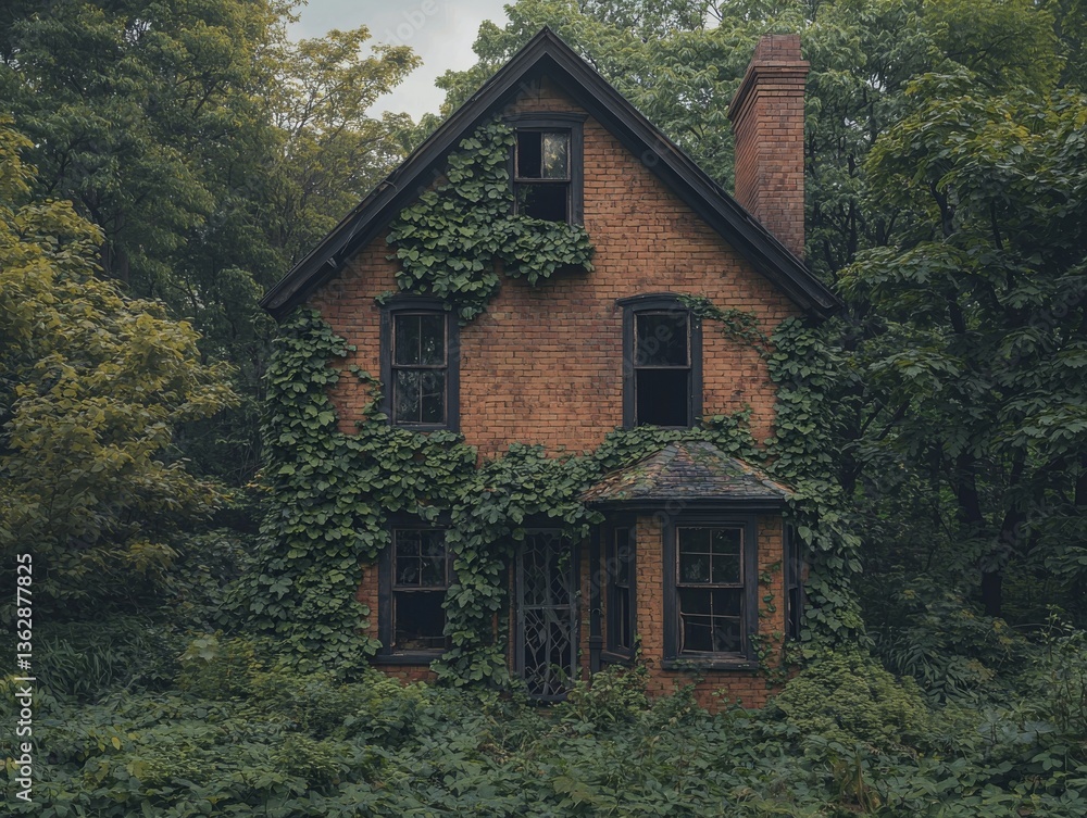 Overgrown brick house enveloped by nature, evoking a sense of isolation Overgrown brick house enveloped by nature, evoking a sense of isolation