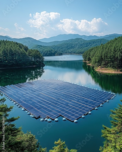 A serene view of floating solar panels on a tranquil lake surrounded by lush mountains.