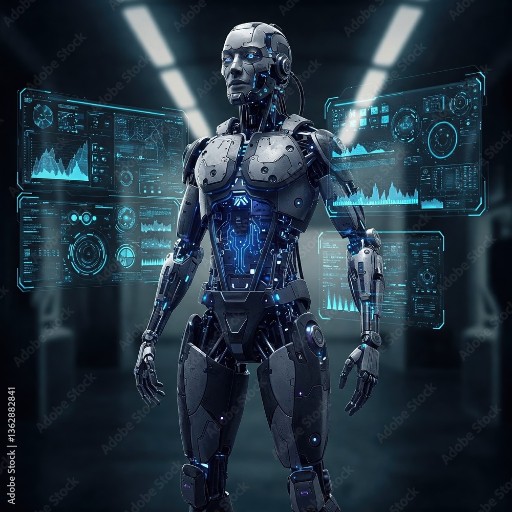 Naklejka premium Cybernetic Humanoid with Glowing Circuits and Futuristic Armor 4K HD High Quality Image Wallpaper Background