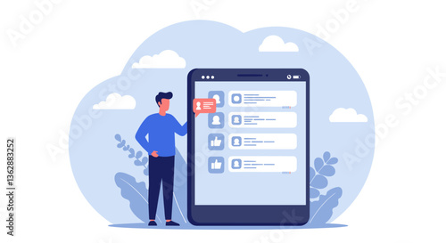 Man interacting with a large smartphone displaying notifications.
