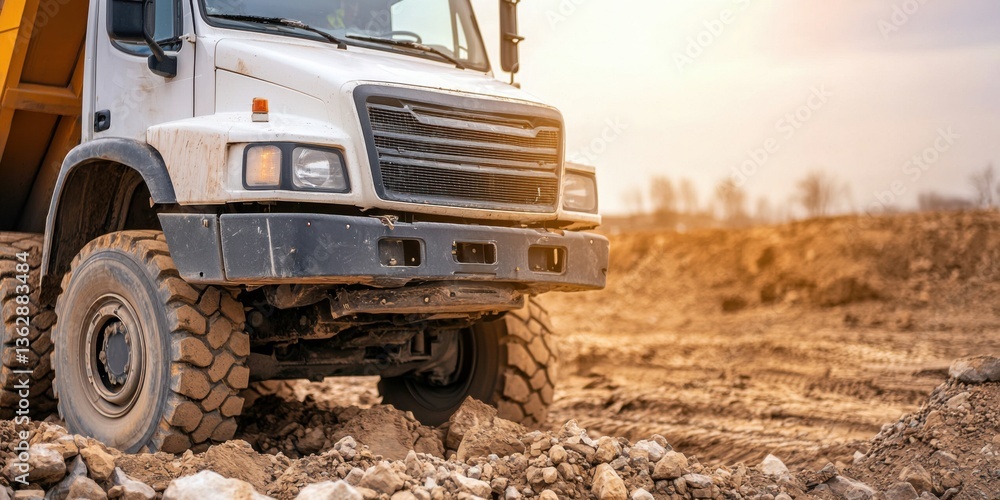 Obraz premium Construction dump truck operating on job site urban environment heavy machinery close-up viewpoint
