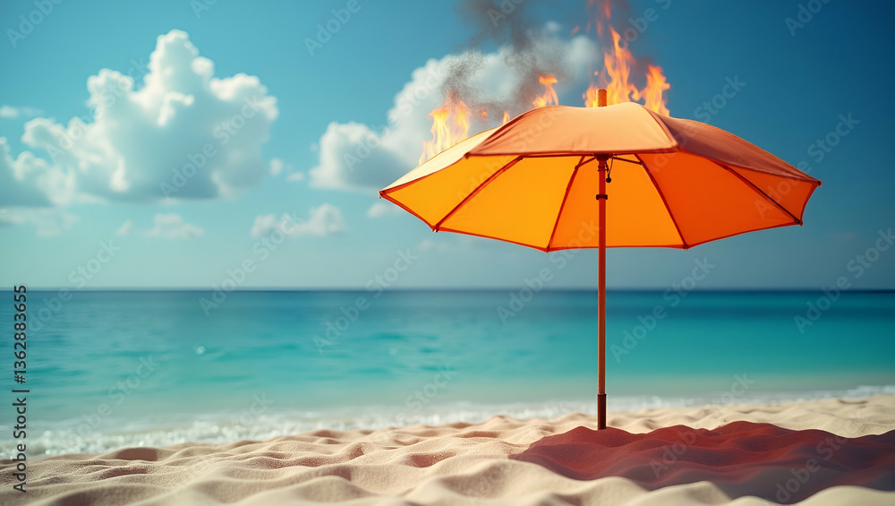 Burning Beach Umbrella on Sandy Shore: A Striking Photo Stock Concept Highlighting Dangerous Heat and Climate Change with Scenic Ocean Background and Empty Space Burning Beach Umbrella on Sandy Shore: A Striking Photo Stock Concept Highlighting Dangerous Heat and Climate Change with Scenic Ocean Background and Empty Space
