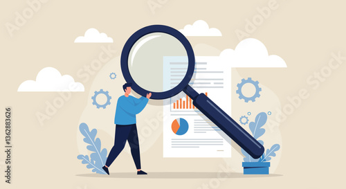 A man examines data through a large magnifying glass.