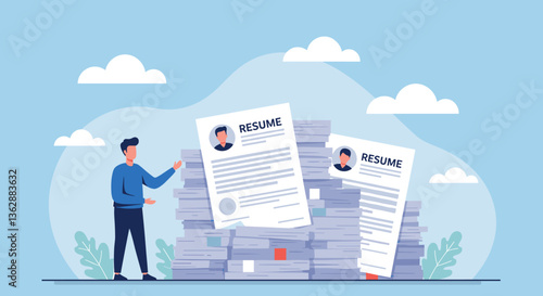 Man reviewing a stack of resumes. Job search.