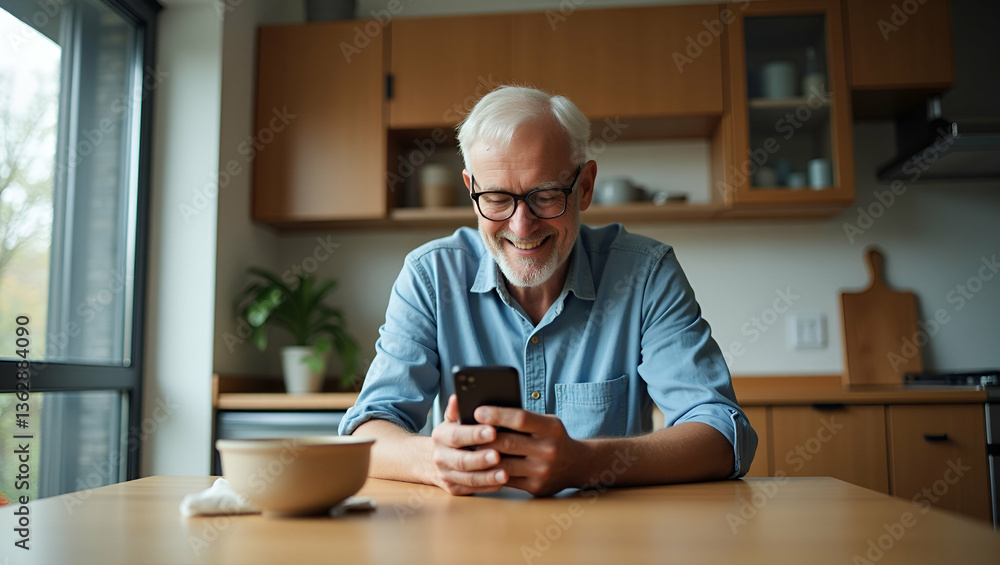 Happy Middle-Aged Man Smiling While Shopping Online on Smartphone at Kitchen Table - Senior Customer in Glasses Enjoying Delivery Orders at Home - Stock Photo Concept with Empty Space Happy Middle-Aged Man Smiling While Shopping Online on Smartphone at Kitchen Table - Senior Customer in Glasses Enjoying Delivery Orders at Home - Stock Photo Concept with Empty Space