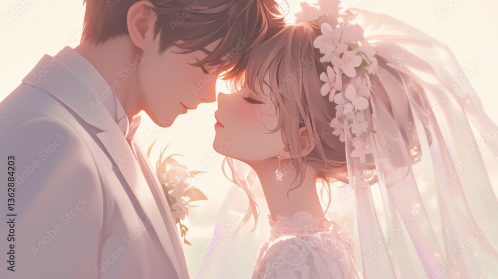 Romantic anime couple wedding scene with groom kissing bride's forehead in white dress and veil
