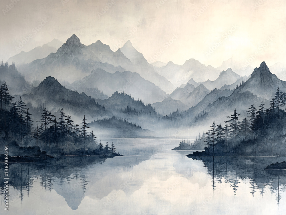 Naklejka premium misty mountain landscape with a calm lake in the foreground, surrounded by dense forests and towering mountains in the distance. The overall color palette is muted and cooler
