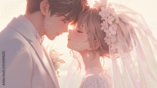 Obraz na płótnie Romantic anime couple wedding scene with groom kissing bride's forehead in white dress and veil w salonie