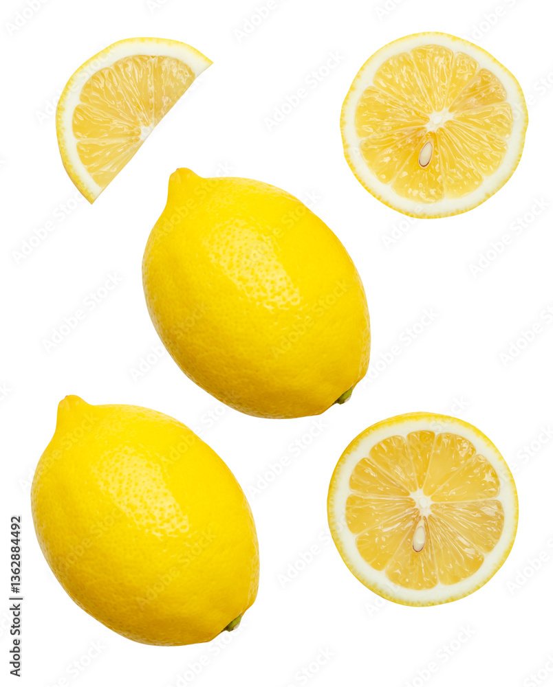 Top view set of fresh ripe yellow lemon fruits with halves and slices or quarters isolated on white background with clipping path Top view set of fresh ripe yellow lemon fruits with halves and slices or quarters isolated on white background with clipping path