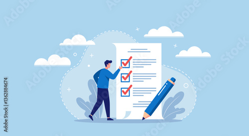 Man completing a checklist, feeling accomplished.