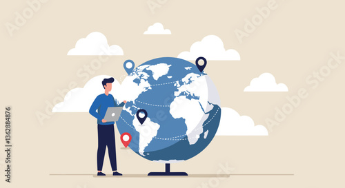 Man working on laptop near a globe, illustrating global reach.
