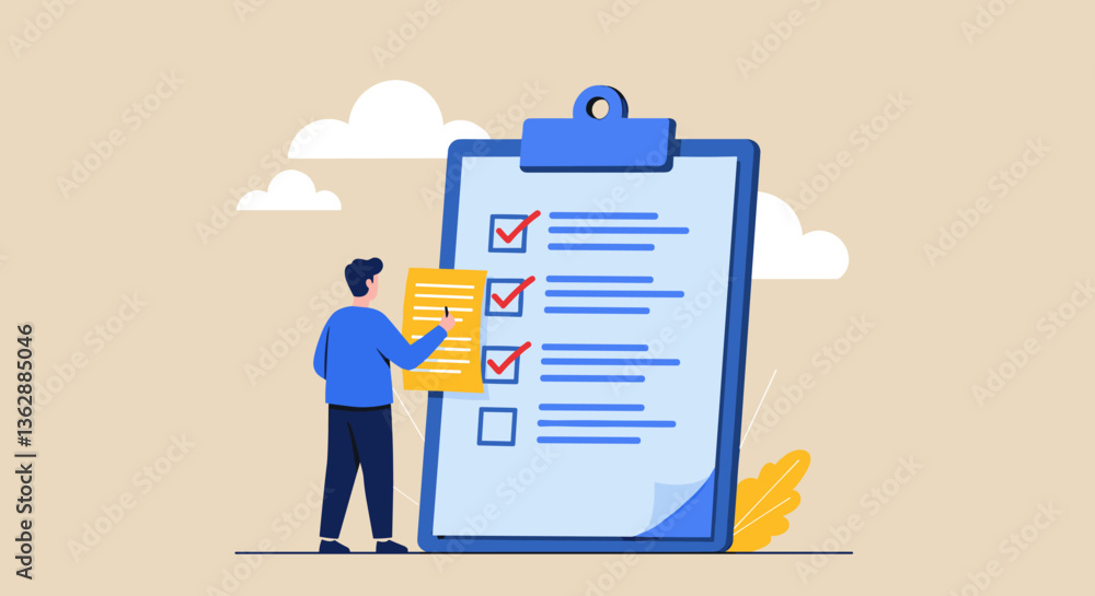 Man completing a checklist on a large clipboard. Man completing a checklist on a large clipboard.