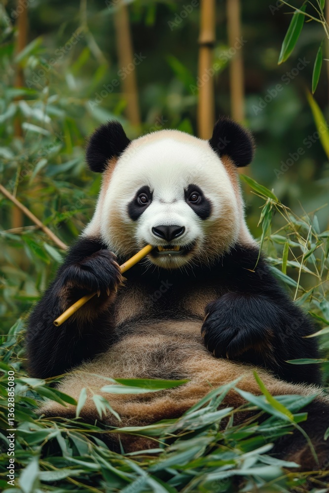 Obraz premium relaxed panda munches on bamboo in a lush green environment, surrounded by dense foliage