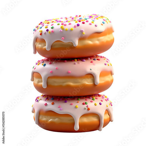 Three Colorful Donuts with Sprinkles Isolated on Transparent Background