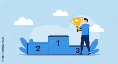 Man holding a trophy on a winner's podium.