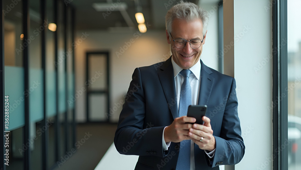 Mature Businessman in Suit Smiling with Smartphone in Office Portrait Mature Businessman in Suit Smiling with Smartphone in Office Portrait
