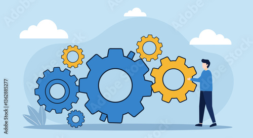 Man interacting with large gears, teamwork concept.