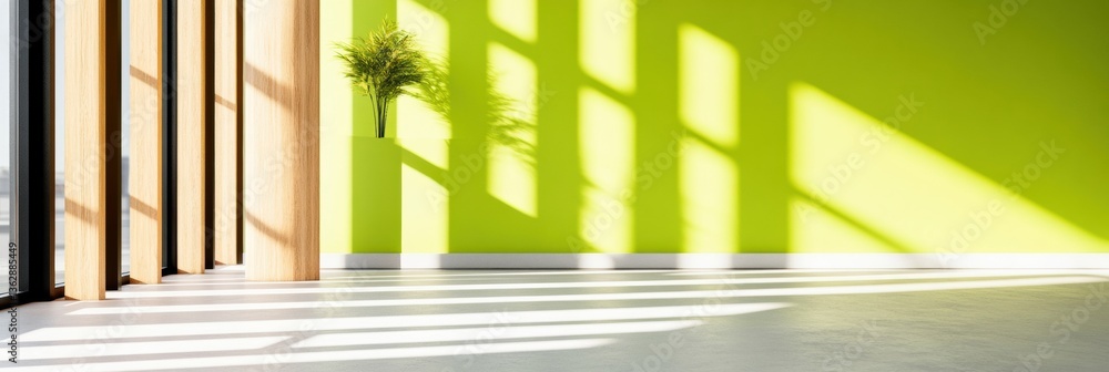 Fototapeta premium Biophilic Workspace Design Minimalist Green Interior with Natural Light, Architectural Shadows, and Modern Wellness Aesthetic for Productive Environments
